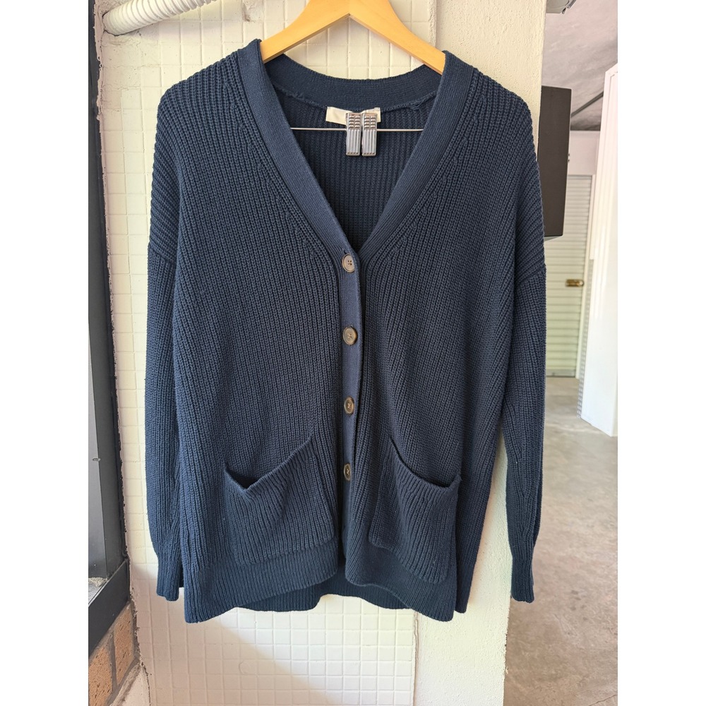 LOFT Cotton Knit Navy Blue Shaker Cardigan Sweater Button Front Large - Picture 2 of 9